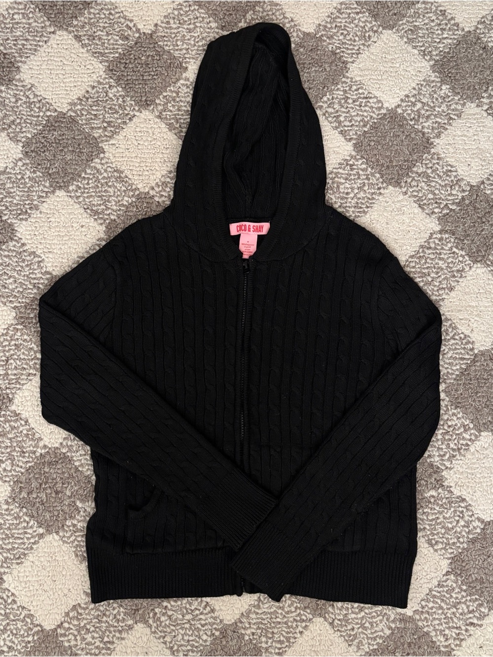Black Cable-Knit Zip Up Hoodie